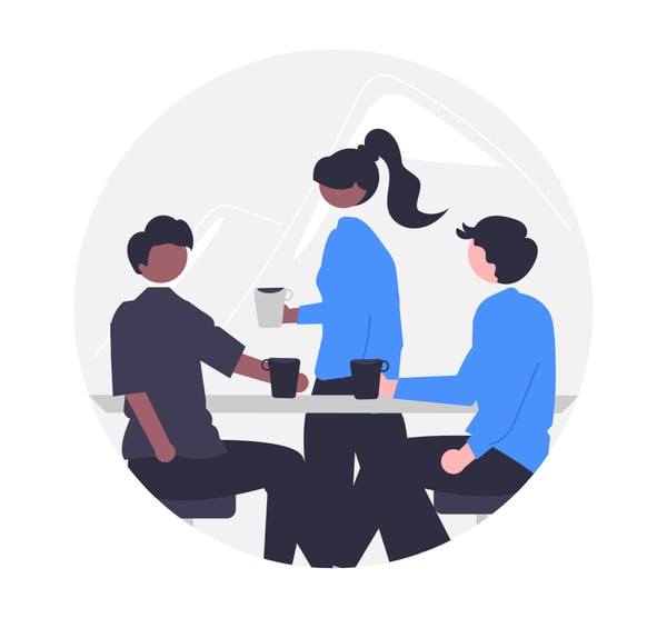 Animerad bild på tre personer som dricker kaffe på en arbetsplats.
